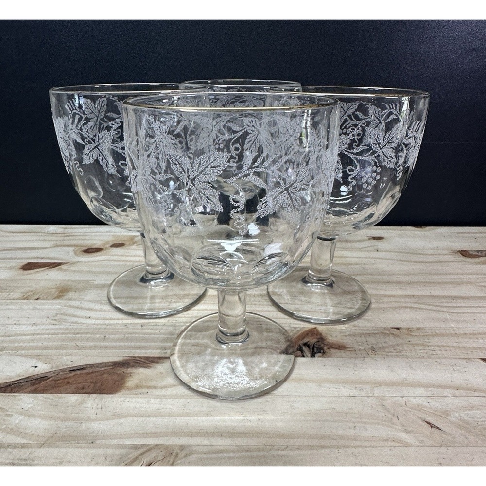 Bartlett Collins Grapes & Leaves Water Goblets Etched w/ Gold Rims Set of (4)